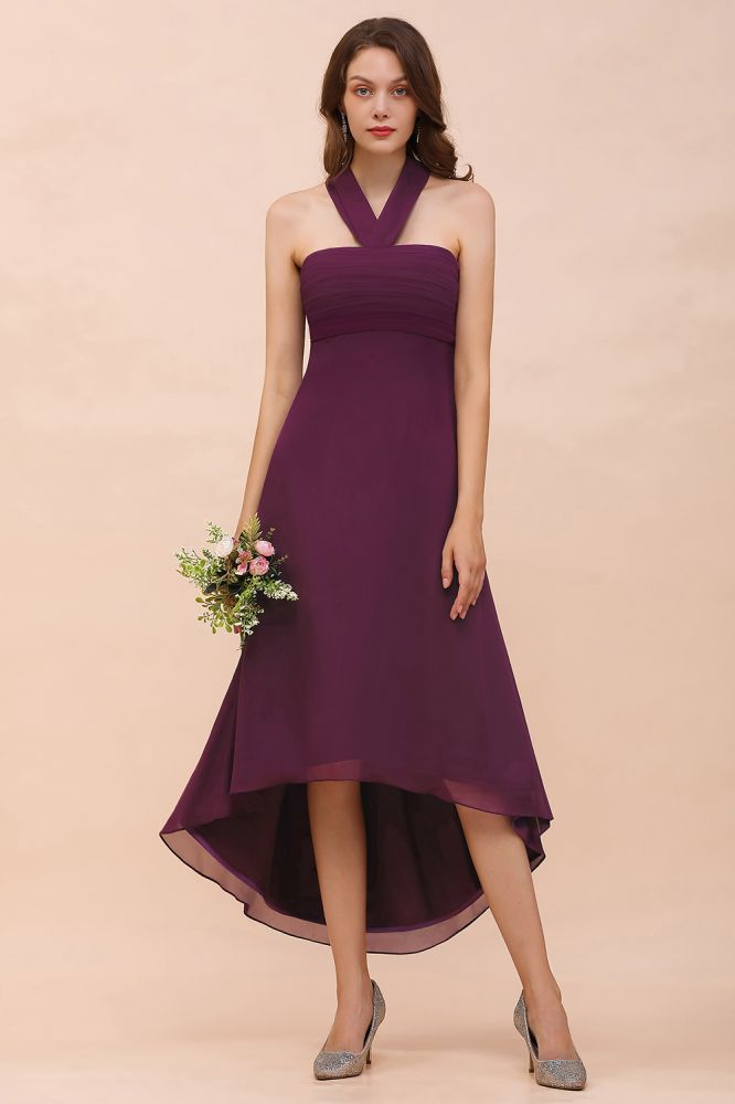 Vestido de dama de honor morado con escote halter y corte asimétrico, vestido de cóctel de gasa