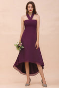 Vestido de dama de honor morado con escote halter y corte asimétrico, vestido de cóctel de gasa