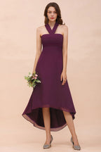 Vestido de dama de honor morado con escote halter y corte asimétrico, vestido de cóctel de gasa