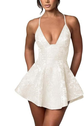 Vestido corto de fiesta con escote halter, satén, volantes y estampado floral jacquard para niñas