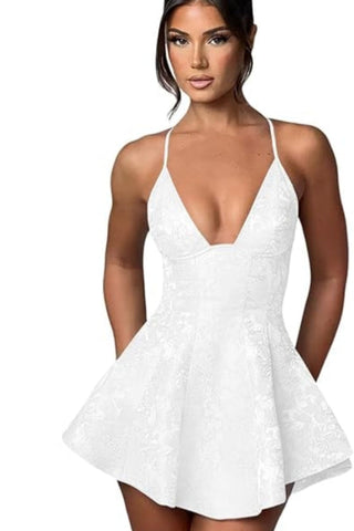 Vestido corto de fiesta con escote halter, satén, volantes y estampado floral jacquard para niñas