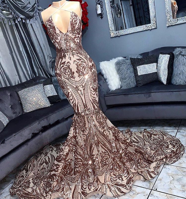 Vestido de fiesta largo de sirena sin mangas con lentejuelas y escote halter