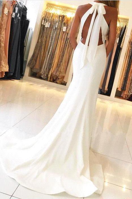 Halter Sexy Backless White Prom Dress Chiffon Long With Slipt