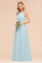 Vestido de dama de honor largo hasta el suelo azul cielo con escote halter disponible en línea. Vestido de fiesta sin mangas de corte en A.