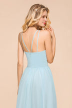 Vestido de dama de honor largo hasta el suelo azul cielo con escote halter disponible en línea. Vestido de fiesta sin mangas de corte en A.