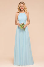Vestido de dama de honor largo hasta el suelo azul cielo con escote halter disponible en línea. Vestido de fiesta sin mangas de corte en A.