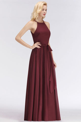 Halter Sleeveless A-line Burgundy Ruffles Chiffon Bridesmaid Dresses