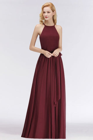 Halter Sleeveless A-line Burgundy Ruffles Chiffon Bridesmaid Dresses