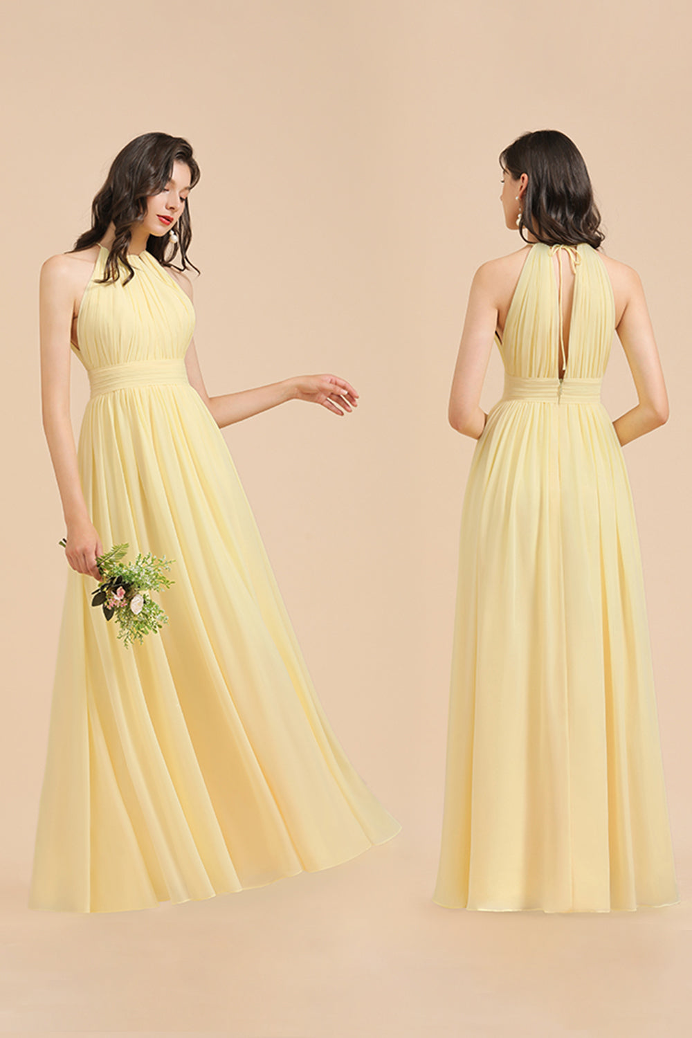 Vestido de dama de honor de gasa color narciso sin mangas con cuello halter y volantes 