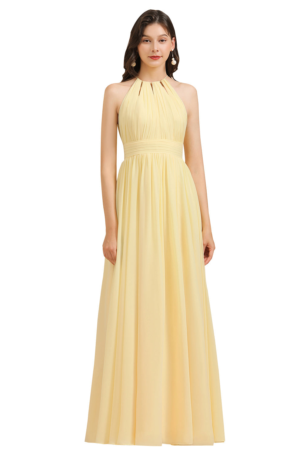 Vestido de dama de honor de gasa color narciso sin mangas con cuello halter y volantes 