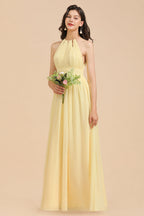 Vestido de dama de honor de gasa color narciso sin mangas con cuello halter y volantes 