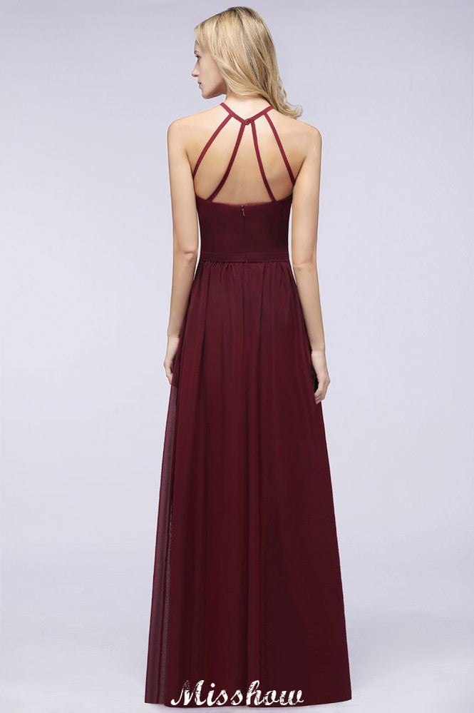 Vestido de dama de honor largo hasta el suelo, sin mangas y con escote halter y volantes