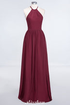 Vestido de dama de honor largo hasta el suelo, sin mangas y con escote halter y volantes