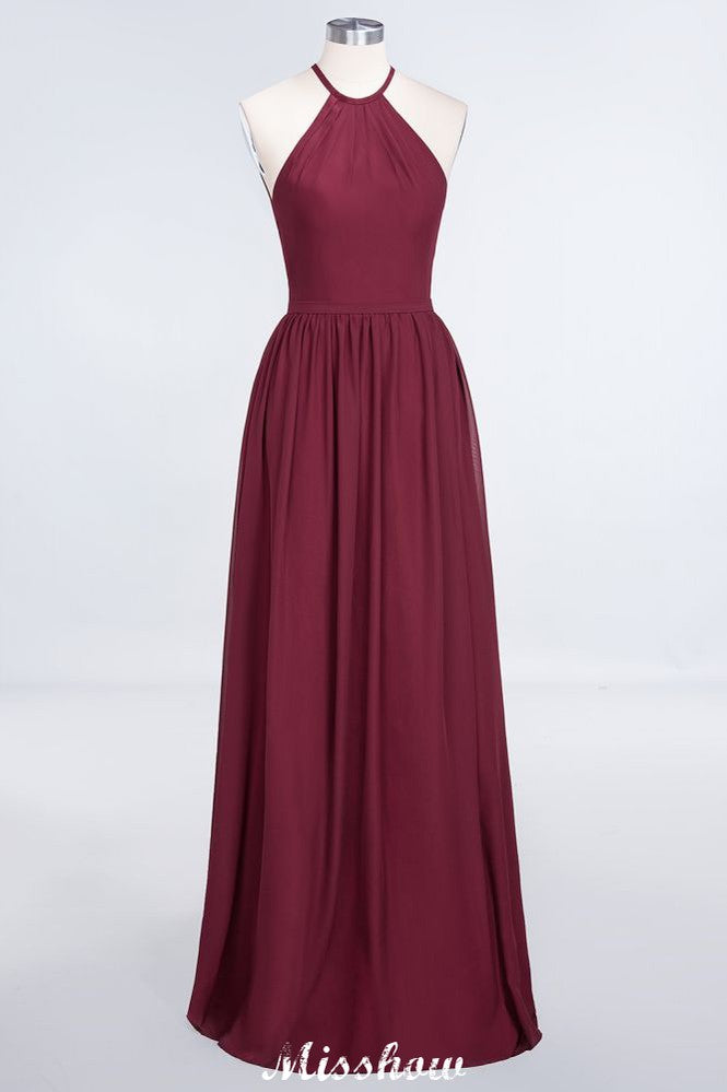Robe de demoiselle d'honneur longue sans manches à col halter et à volants