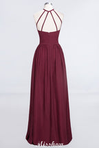 Vestido de dama de honor largo hasta el suelo, sin mangas y con escote halter y volantes