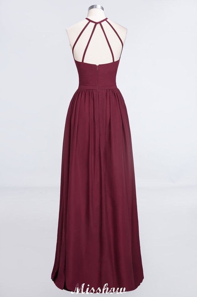 Robe de demoiselle d'honneur longue sans manches à col halter et à volants