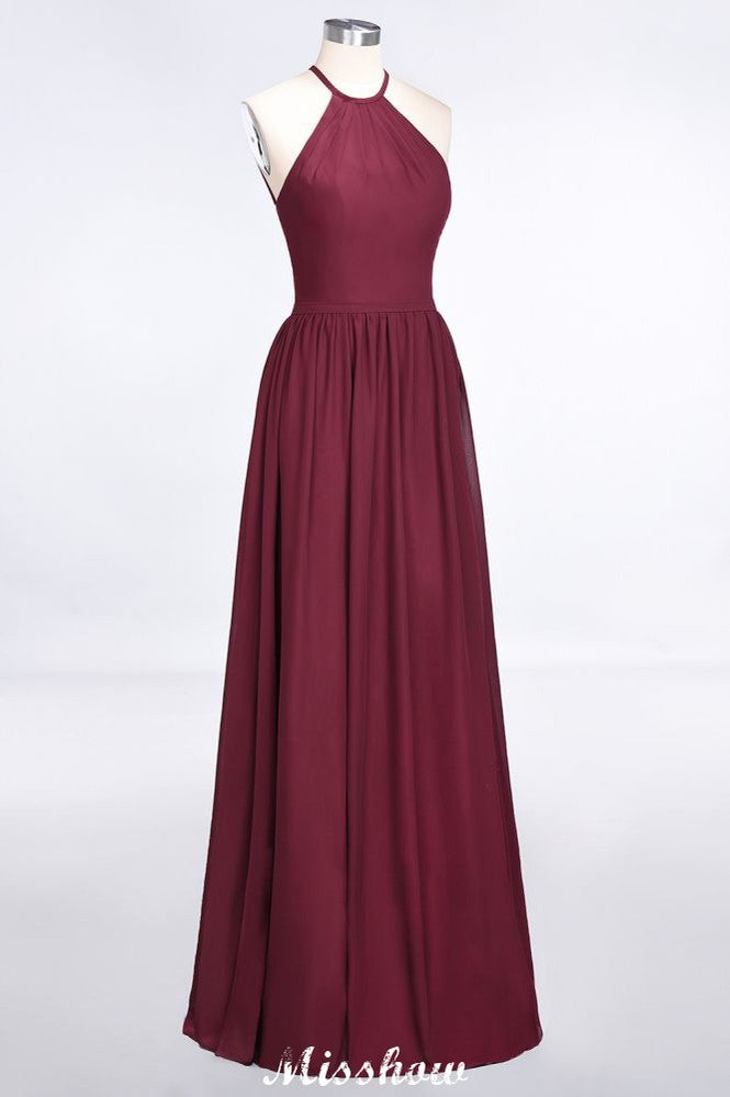 Vestido de dama de honor largo hasta el suelo, sin mangas y con escote halter y volantes