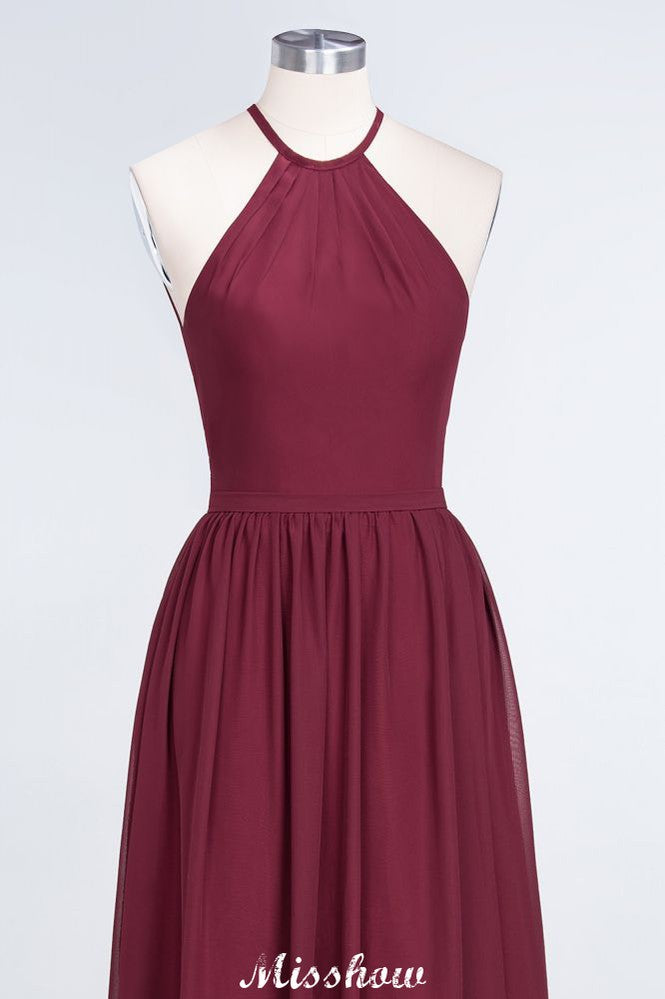 Vestido de dama de honor largo hasta el suelo, sin mangas y con escote halter y volantes