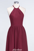 Vestido de dama de honor largo hasta el suelo, sin mangas y con escote halter y volantes