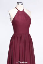 Vestido de dama de honor largo hasta el suelo, sin mangas y con escote halter y volantes