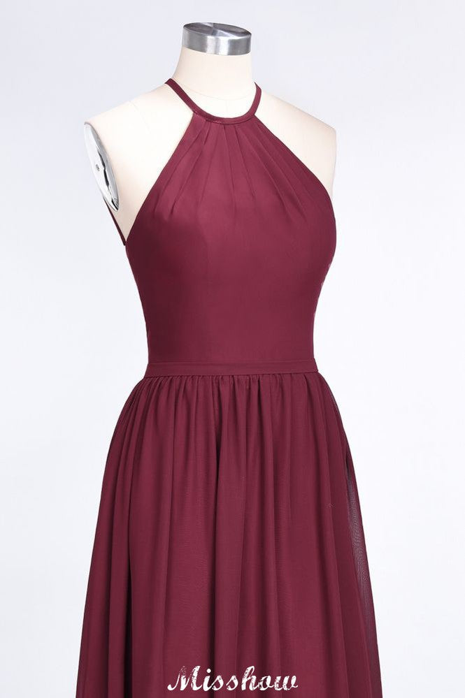 Vestido de dama de honor largo hasta el suelo, sin mangas y con escote halter y volantes