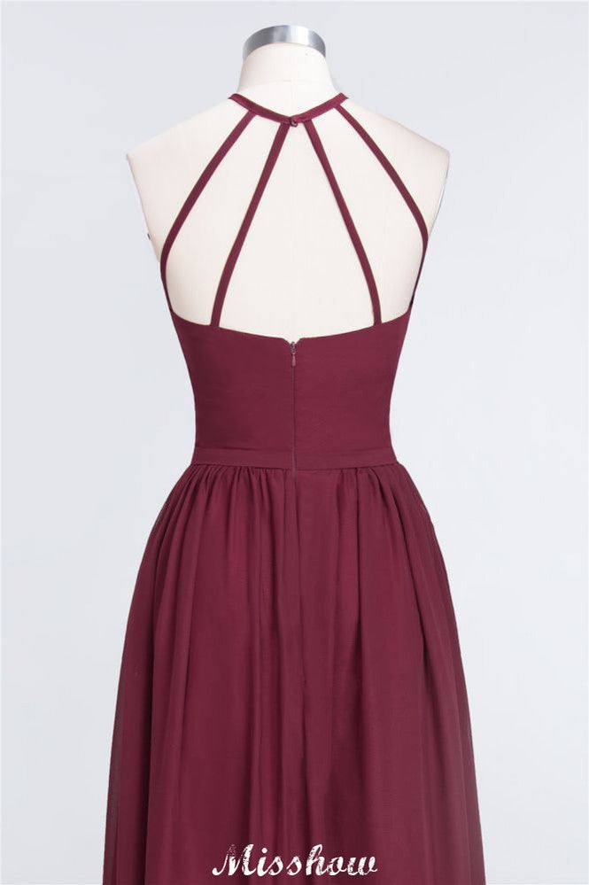 Vestido de dama de honor largo hasta el suelo, sin mangas y con escote halter y volantes