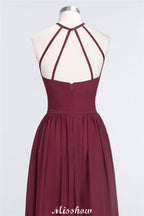 Vestido de dama de honor largo hasta el suelo, sin mangas y con escote halter y volantes