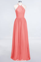 Vestido de dama de honor largo hasta el suelo, sin mangas y con escote halter y volantes