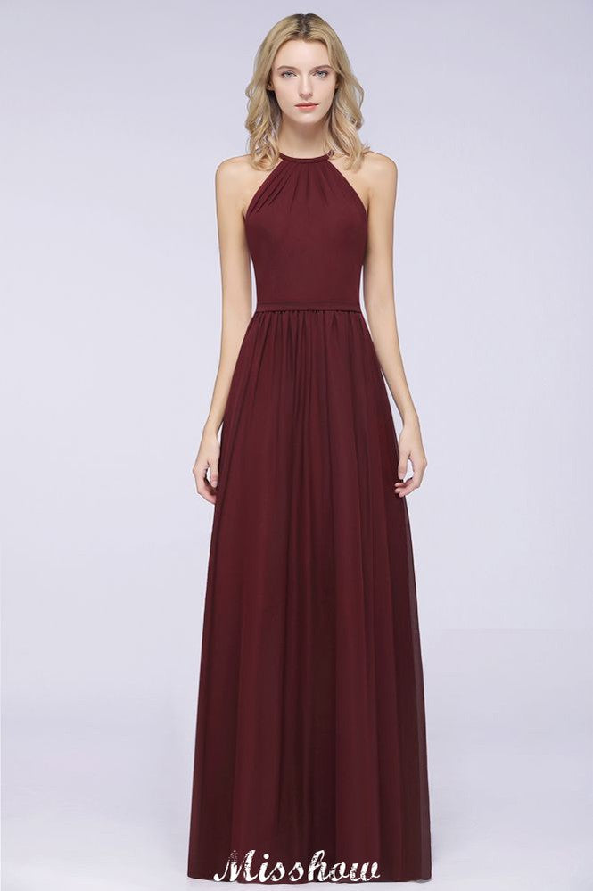 Vestido de dama de honor largo hasta el suelo, sin mangas y con escote halter y volantes