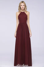 Vestido de dama de honor largo hasta el suelo, sin mangas y con escote halter y volantes