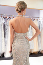 Halter Sleeveless Long Sequined Pattern Mermaid Evening Dress
