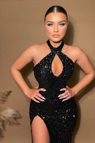 Halter Sleeveless Mermaid Prom Dresses with Sequins Split Black