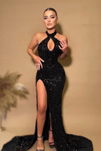 Halter Sleeveless Mermaid Prom Dresses with Sequins Split Black