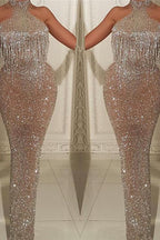 Halter Sleeveless  Prom Dresses with Tassels Fit and Flare Gorgeous Sequins  Evening Gowns