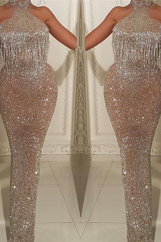 Halter Sleeveless  Prom Dresses with Tassels Fit and Flare Gorgeous Sequins  Evening Gowns