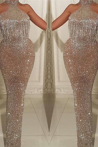 Halter Sleeveless  Prom Dresses with Tassels Fit and Flare Gorgeous Sequins  Evening Gowns