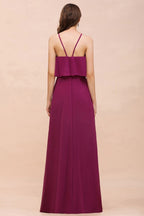Vestido de dama de honor morado sin mangas con cuello halter y bolsillos laterales