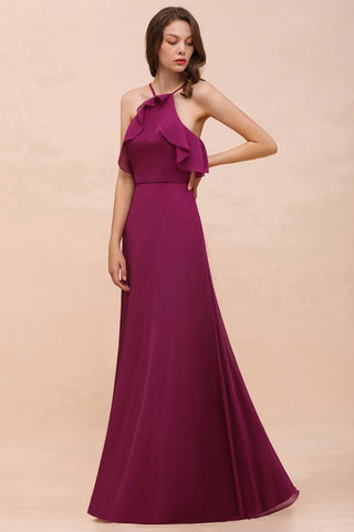 Halter Sleeveless Purple Bridesmaid Dress with Side Pockets