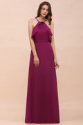Vestido de dama de honor morado sin mangas con cuello halter y bolsillos laterales