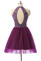 Robe de bal courte violette sans manches à col licou PG014