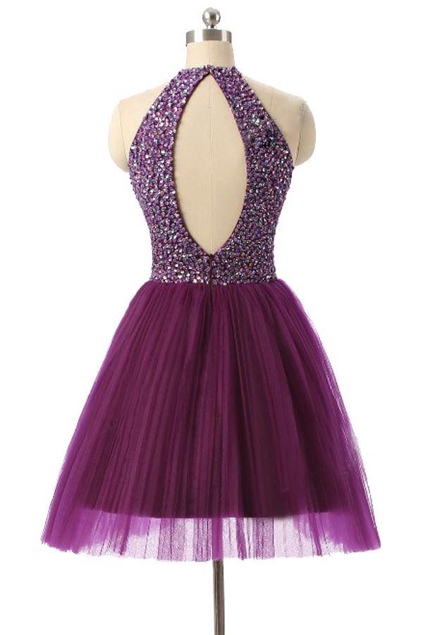 Robe de bal courte violette sans manches à col licou PG014