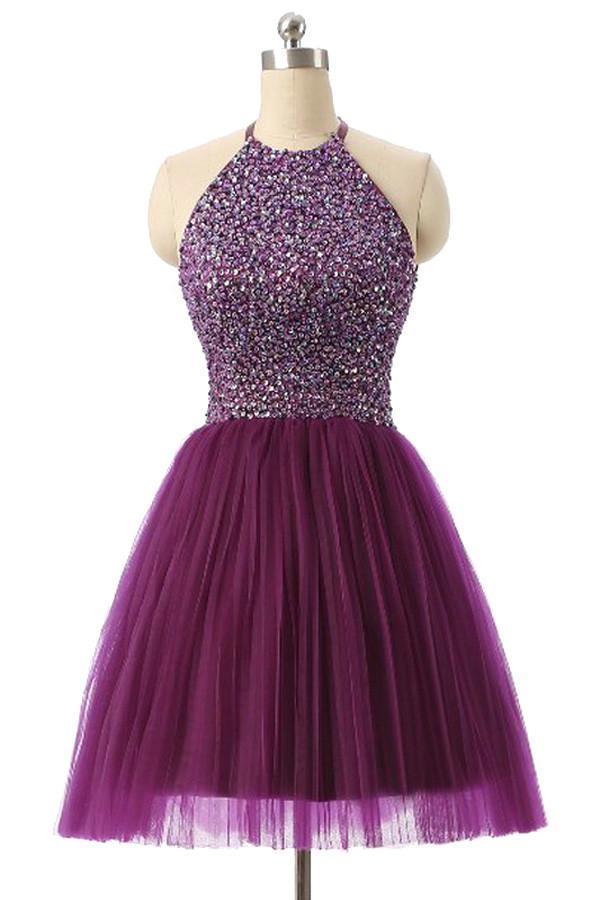 Robe de bal courte violette sans manches à col licou PG014