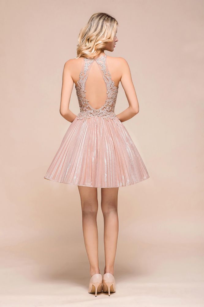 Robe de bal courte à paillettes, dos nu, dentelle florale, coupe trapèze, longueur genou