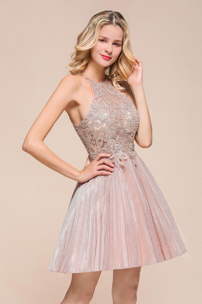 Robe de bal courte à paillettes, dos nu, dentelle florale, coupe trapèze, longueur genou