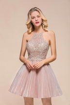 Robe de bal courte à paillettes, dos nu, dentelle florale, coupe trapèze, longueur genou