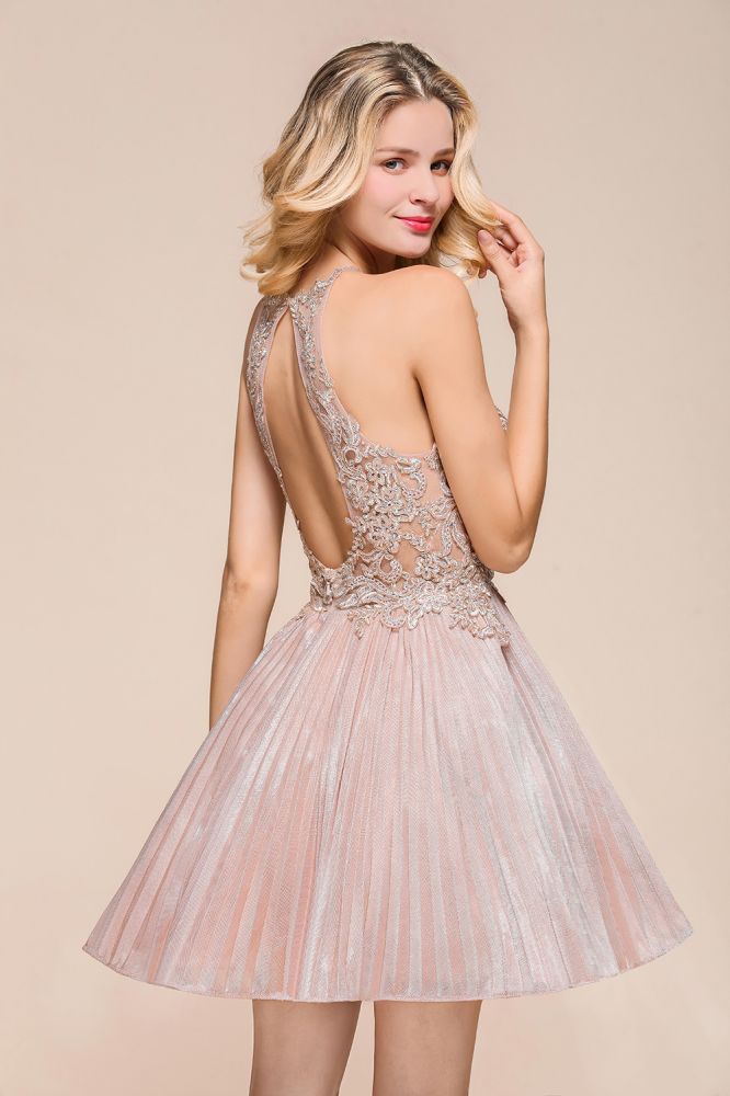 Robe de bal courte à paillettes, dos nu, dentelle florale, coupe trapèze, longueur genou