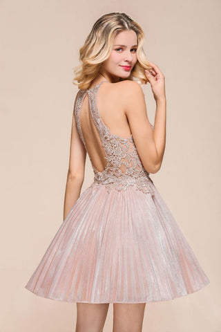 Vestido corto brillante con cuello halter para baile de bienvenida, encaje floral, corte A, hasta la rodilla.