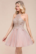 Robe de bal courte à paillettes, dos nu, dentelle florale, coupe trapèze, longueur genou