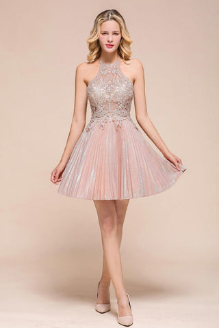 Vestido corto brillante con cuello halter para baile de bienvenida, encaje floral, corte A, hasta la rodilla.