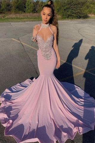Vestidos de fiesta sirena sin mangas con escote halter y escote corazón, adornados con cuentas, hasta el suelo